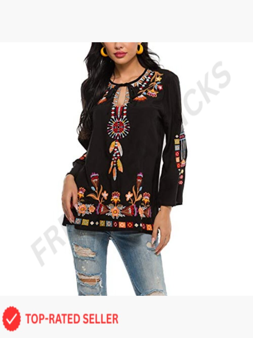 Embroidered Peasant Tunic Blouse Boho Chic Loose Fit Long Sleeve Summer Top - Picture 3 of 7